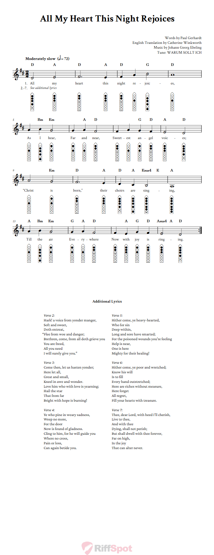 All My Heart This Night Rejoices 6-Hole Native American Flute Sheet Music and Tab (Fingering Diagrams)