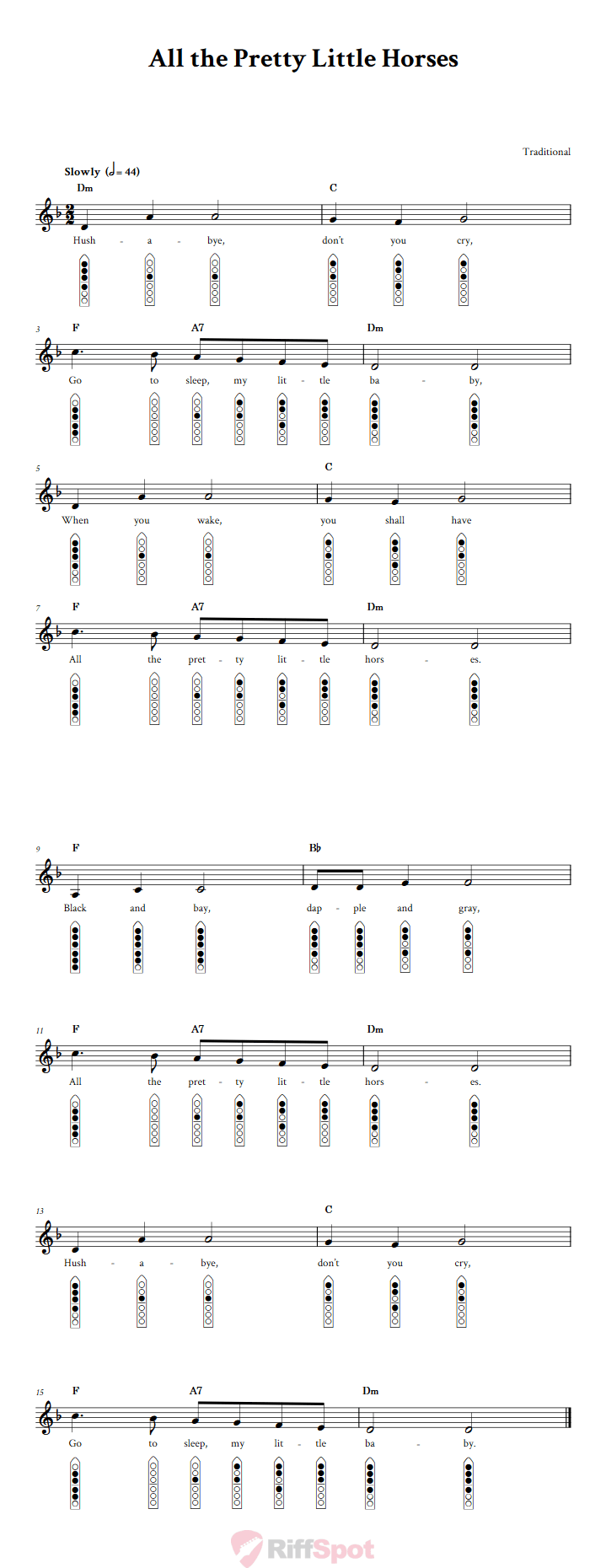 All the Pretty Little Horses 6-Hole Native American Flute Sheet Music and Tab (Fingering Diagrams)