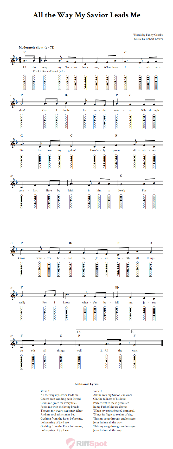 All the Way My Savior Leads Me 6-Hole Native American Flute Sheet Music and Tab (Fingering Diagrams)