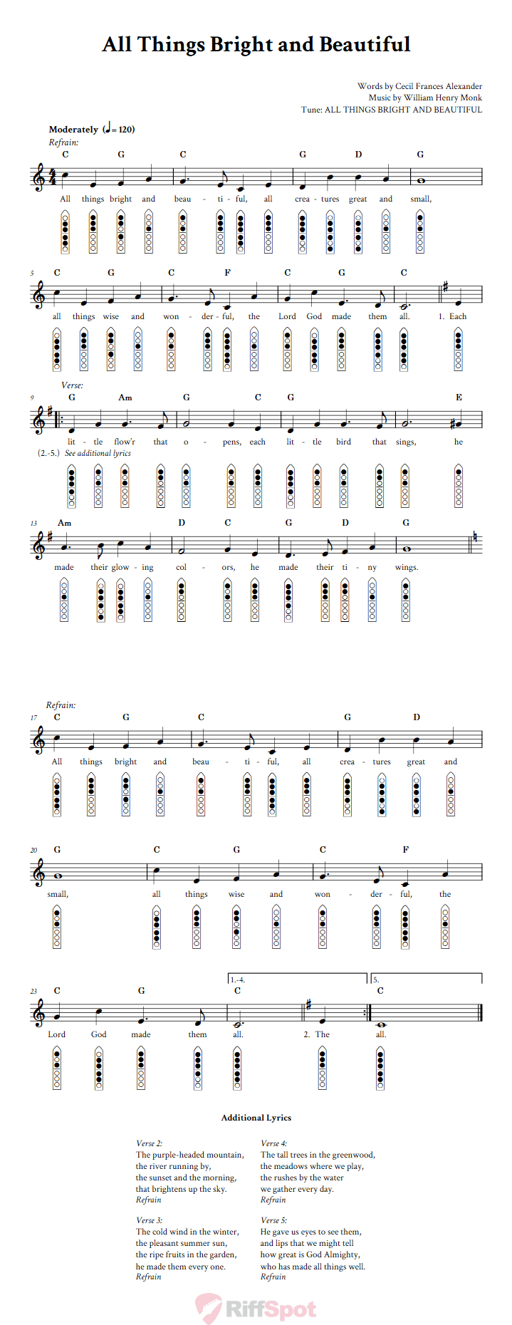 All Things Bright and Beautiful 6-Hole Native American Flute Sheet Music and Tab (Fingering Diagrams)