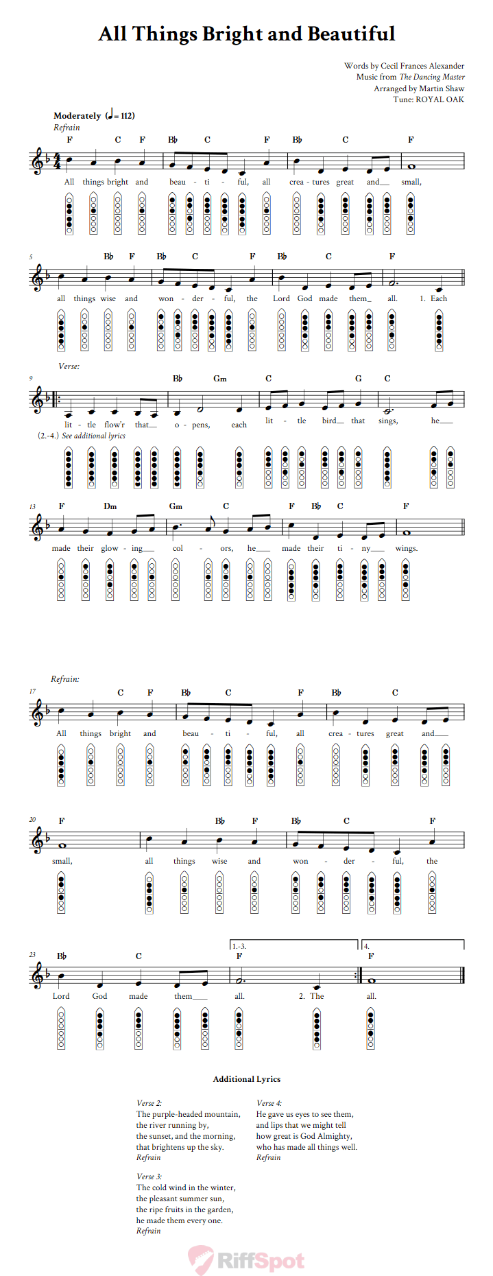 All Things Bright and Beautiful 6-Hole Native American Flute Sheet Music and Tab (Fingering Diagrams)