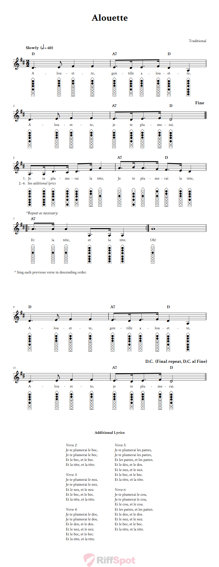 Alouette 6-Hole Native American Flute Sheet Music and Tab (Fingering Diagrams)