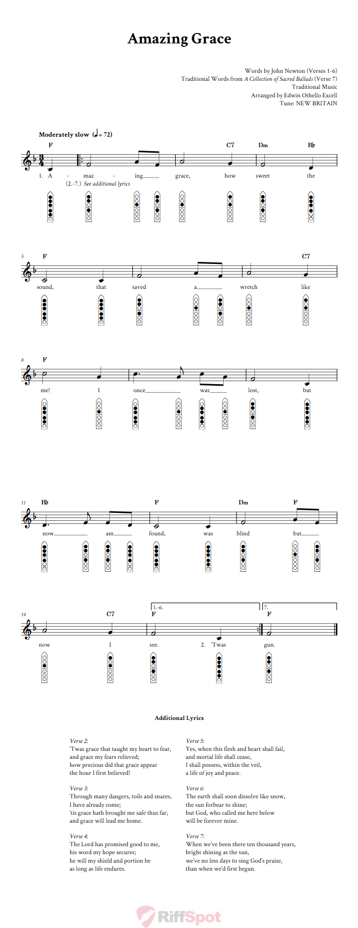 Amazing Grace 6-Hole Native American Flute Sheet Music and Tab (Fingering Diagrams)