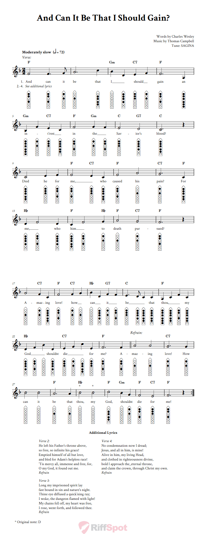 And Can It Be That I Should Gain 6-Hole Native American Flute Sheet Music and Tab (Fingering Diagrams)