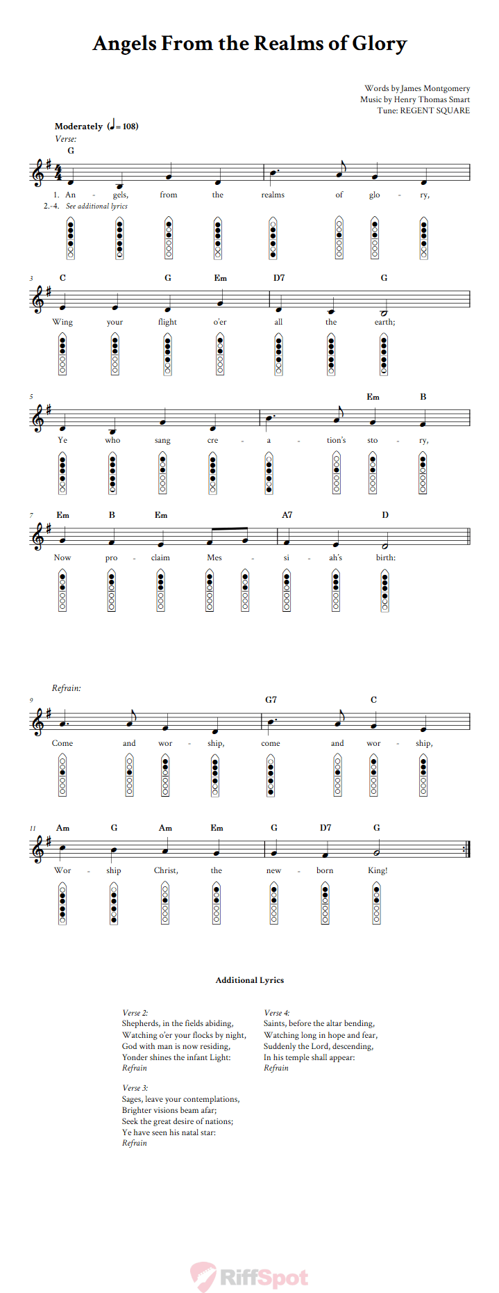 Angels From the Realms of Glory 6-Hole Native American Flute Sheet Music and Tab (Fingering Diagrams)