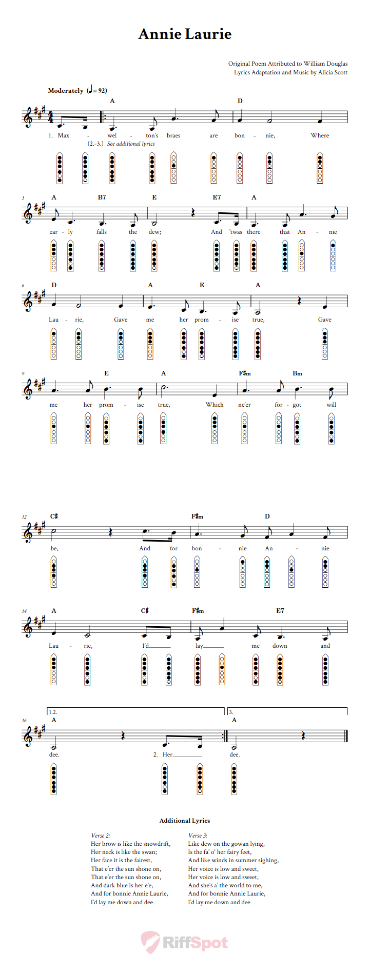 Annie Laurie 6-Hole Native American Flute Sheet Music and Tab (Fingering Diagrams)
