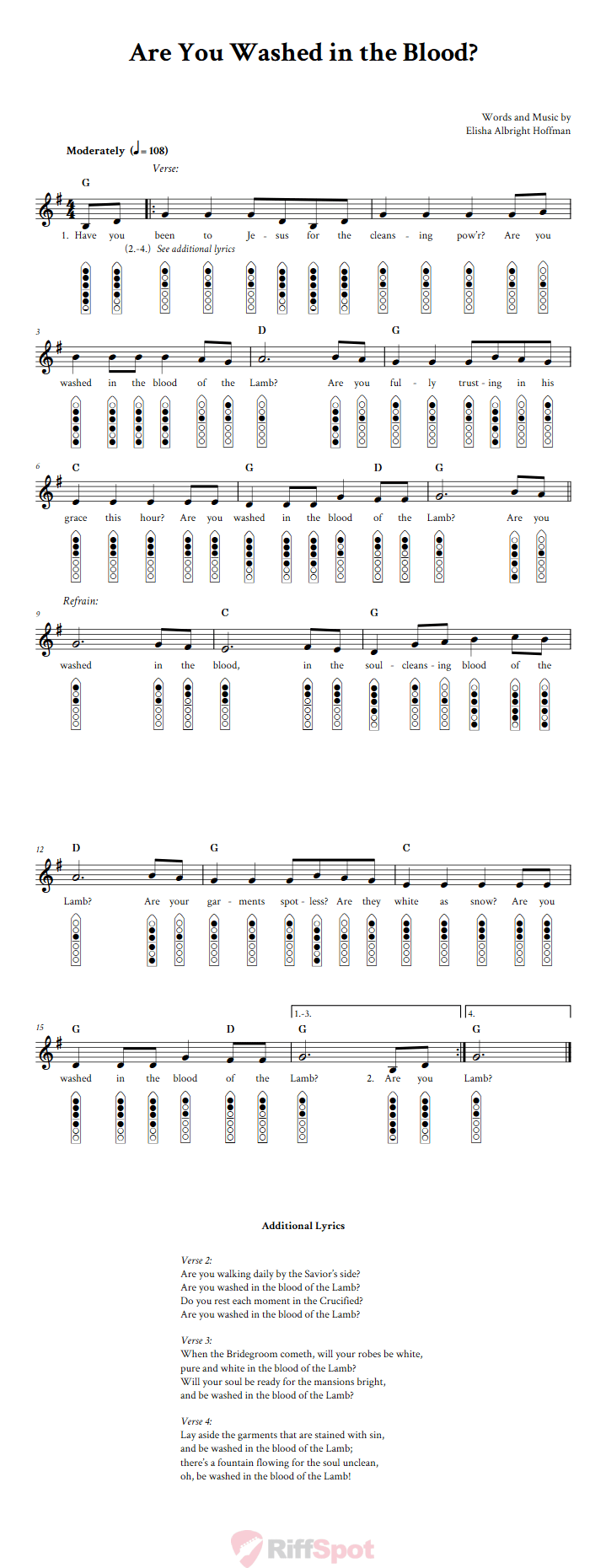 Are You Washed in the Blood? 6-Hole Native American Flute Sheet Music and Tab (Fingering Diagrams)