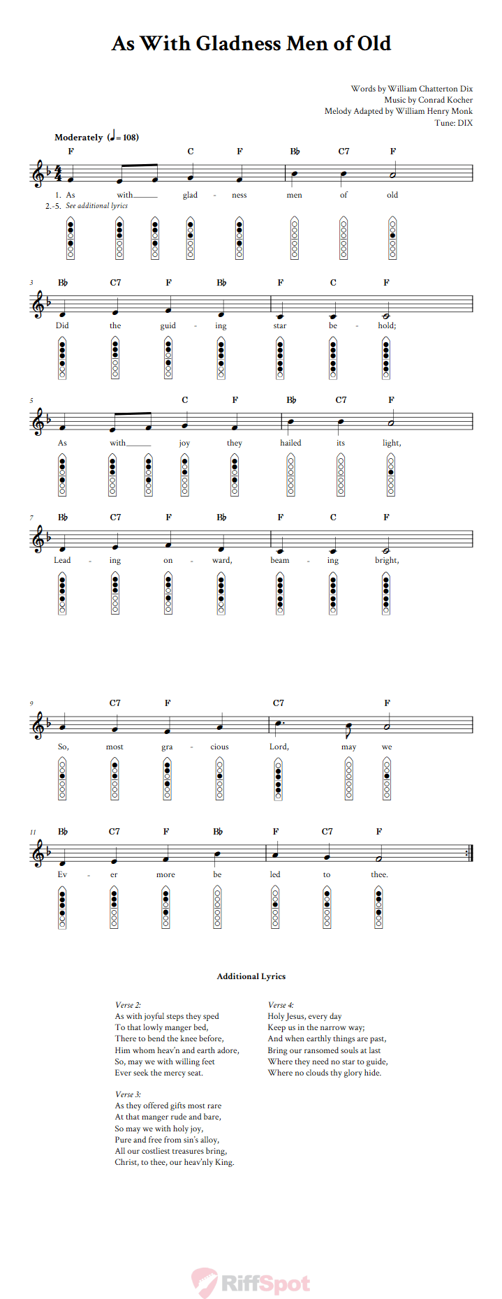 As With Gladness Men of Old 6-Hole Native American Flute Sheet Music and Tab (Fingering Diagrams)