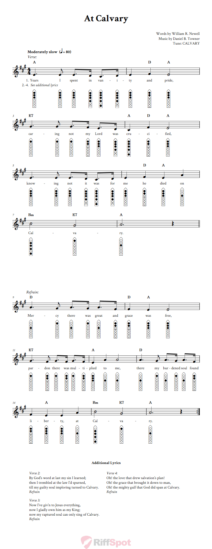 At Calvary 6-Hole Native American Flute Sheet Music and Tab (Fingering Diagrams)