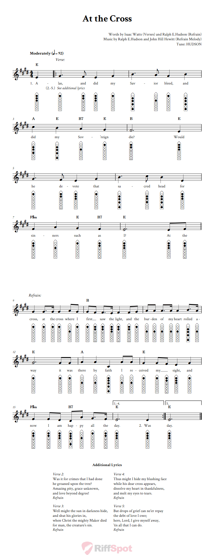 At the Cross 6-Hole Native American Flute Sheet Music and Tab (Fingering Diagrams)