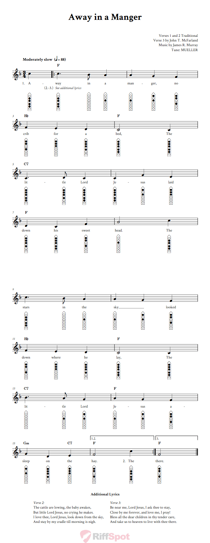 Away in a Manger 6-Hole Native American Flute Sheet Music and Tab (Fingering Diagrams)