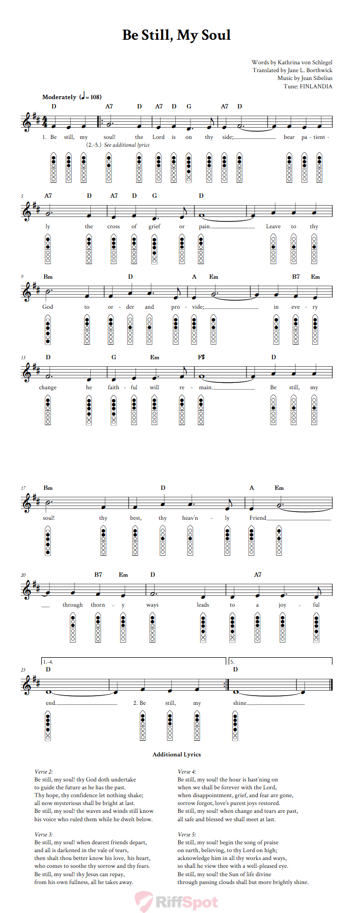 Be Still, My Soul 6-Hole Native American Flute Sheet Music and Tab (Fingering Diagrams)