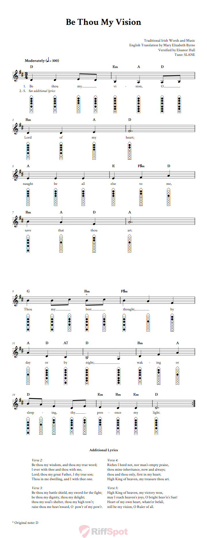 Be Thou My Vision 6-Hole Native American Flute Sheet Music and Tab (Fingering Diagrams)