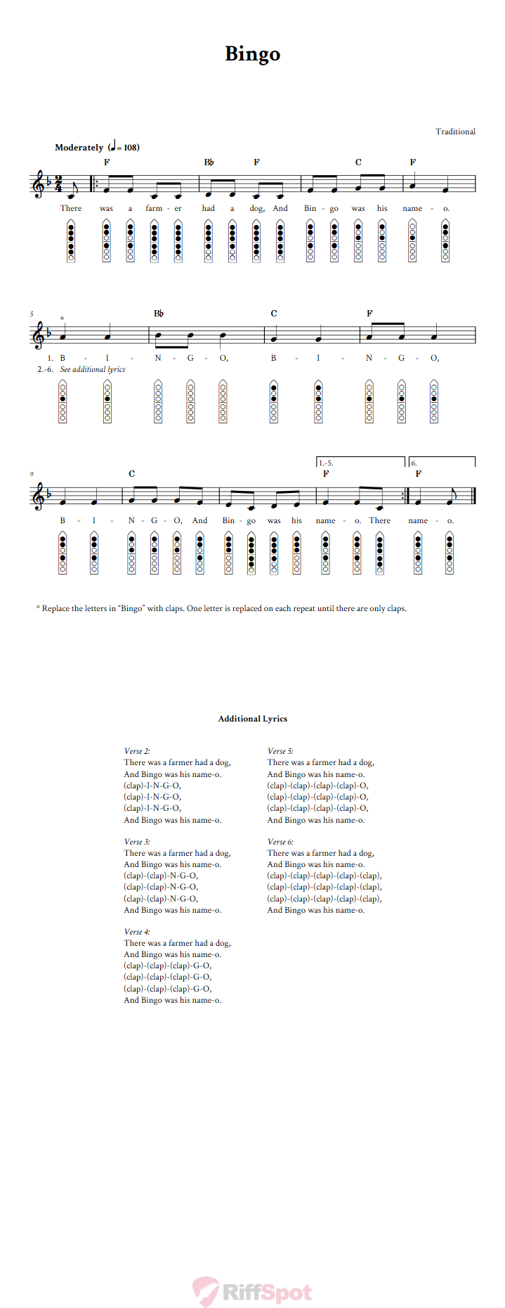 Bingo 6-Hole Native American Flute Sheet Music and Tab (Fingering Diagrams)