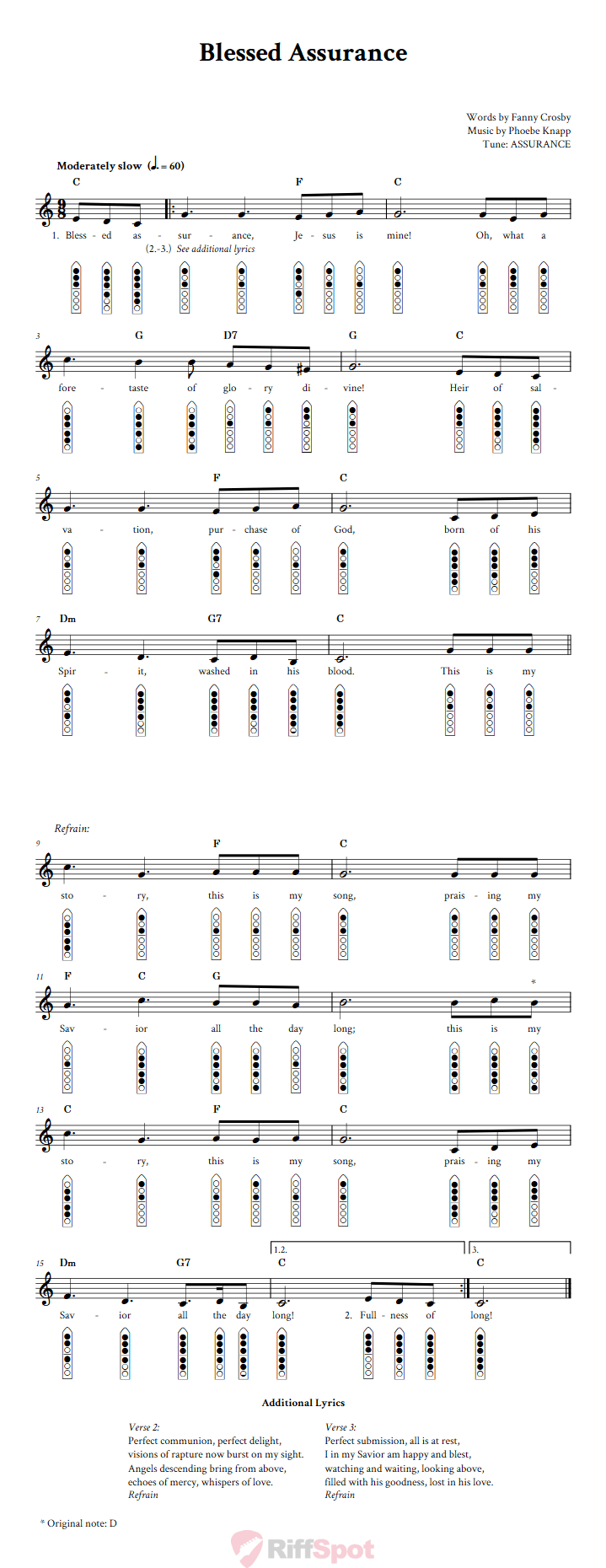 Blessed Assurance 6-Hole Native American Flute Sheet Music and Tab (Fingering Diagrams)