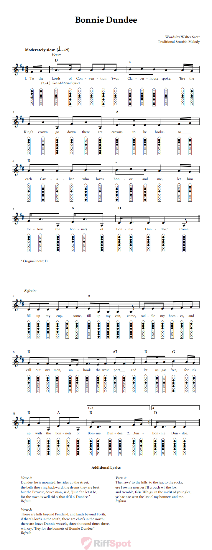 Bonnie Dundee 6-Hole Native American Flute Sheet Music and Tab (Fingering Diagrams)