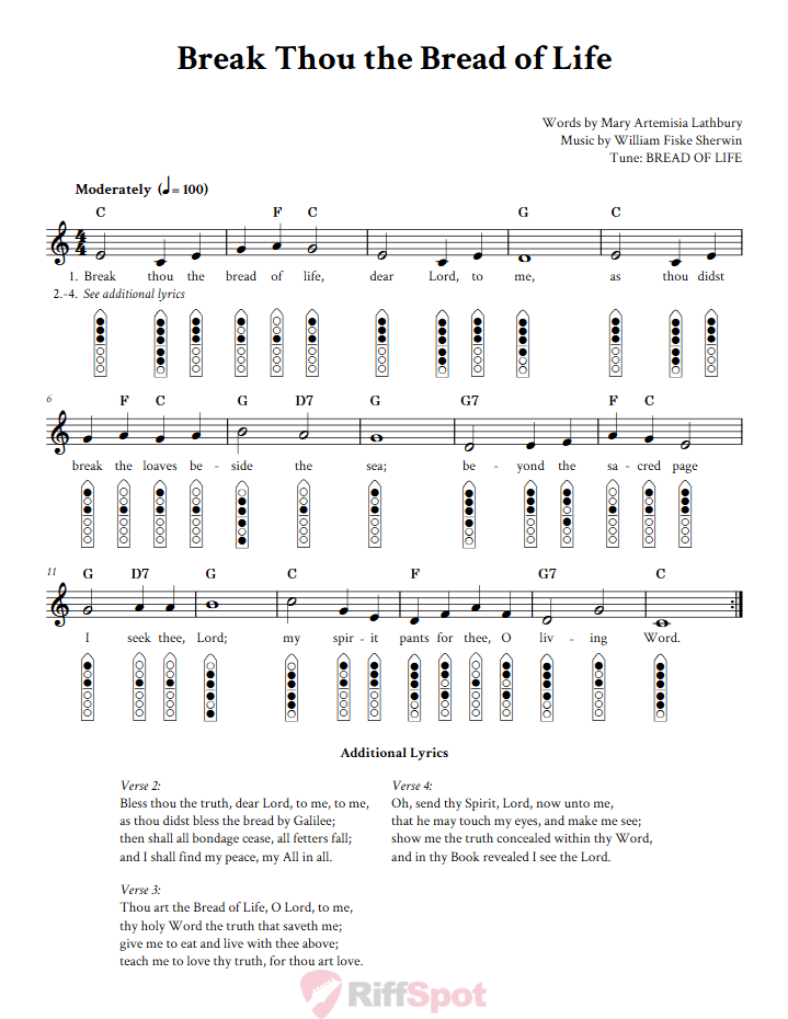 Break Thou The Bread Of Life 6-Hole Native American Flute Sheet Music and Tab (Fingering Diagrams)