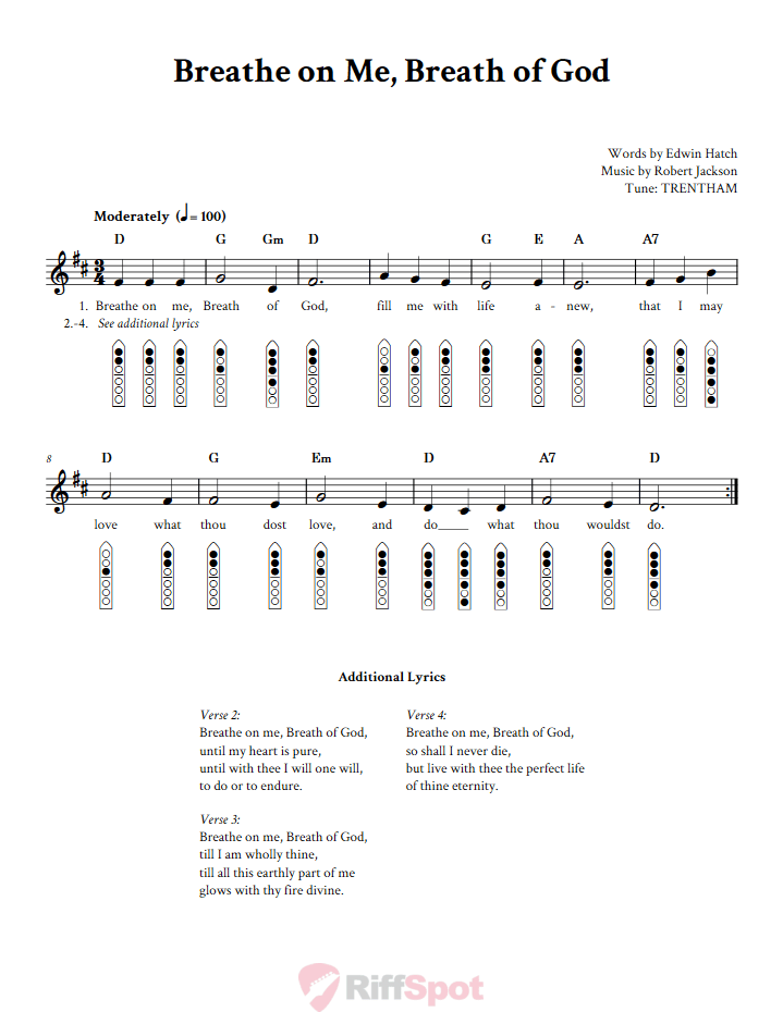 Breathe On Me, Breath Of God 6-Hole Native American Flute Sheet Music and Tab (Fingering Diagrams)