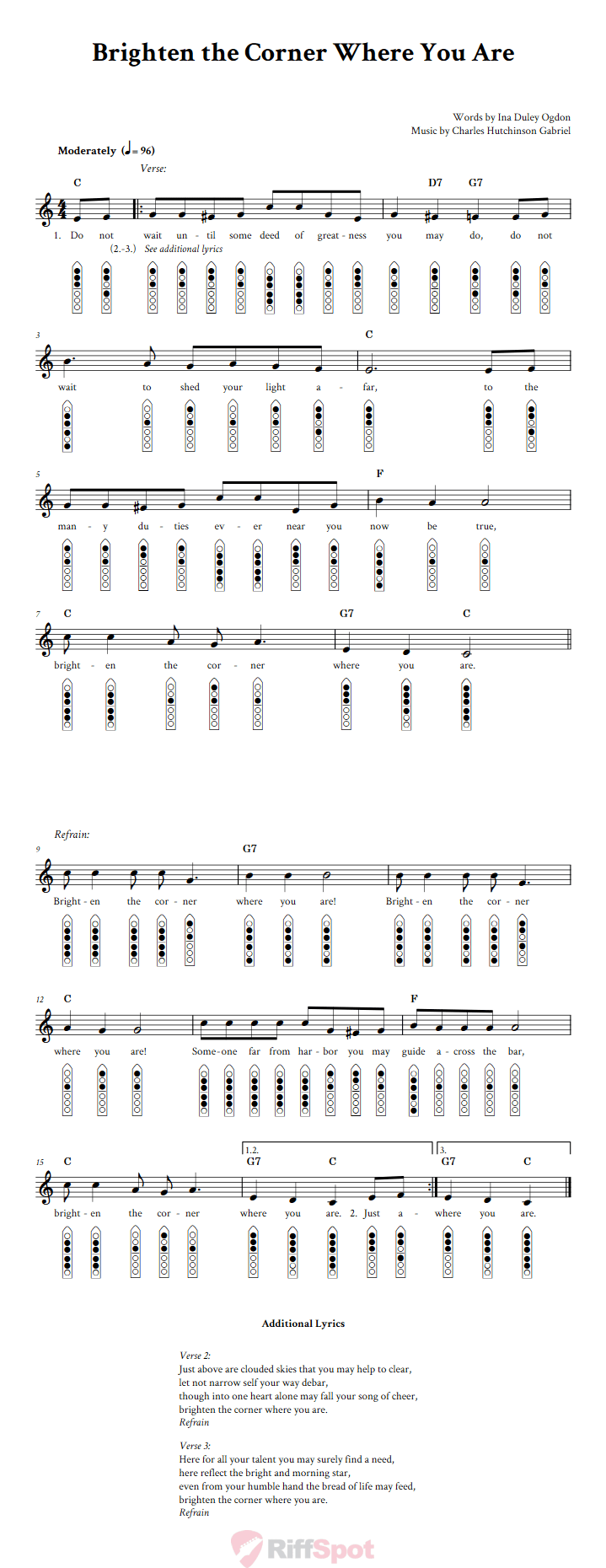 Brighten the Corner Where You Are 6-Hole Native American Flute Sheet Music and Tab (Fingering Diagrams)