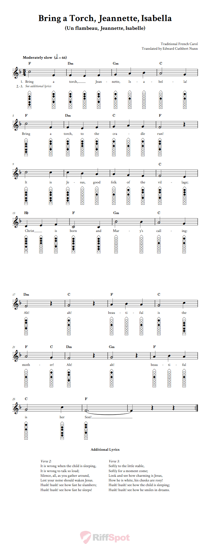 Bring a Torch, Jeannette, Isabella 6-Hole Native American Flute Sheet Music and Tab (Fingering Diagrams)