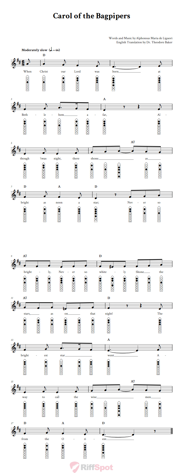 Carol of the Bagpipers 6-Hole Native American Flute Sheet Music and Tab (Fingering Diagrams)