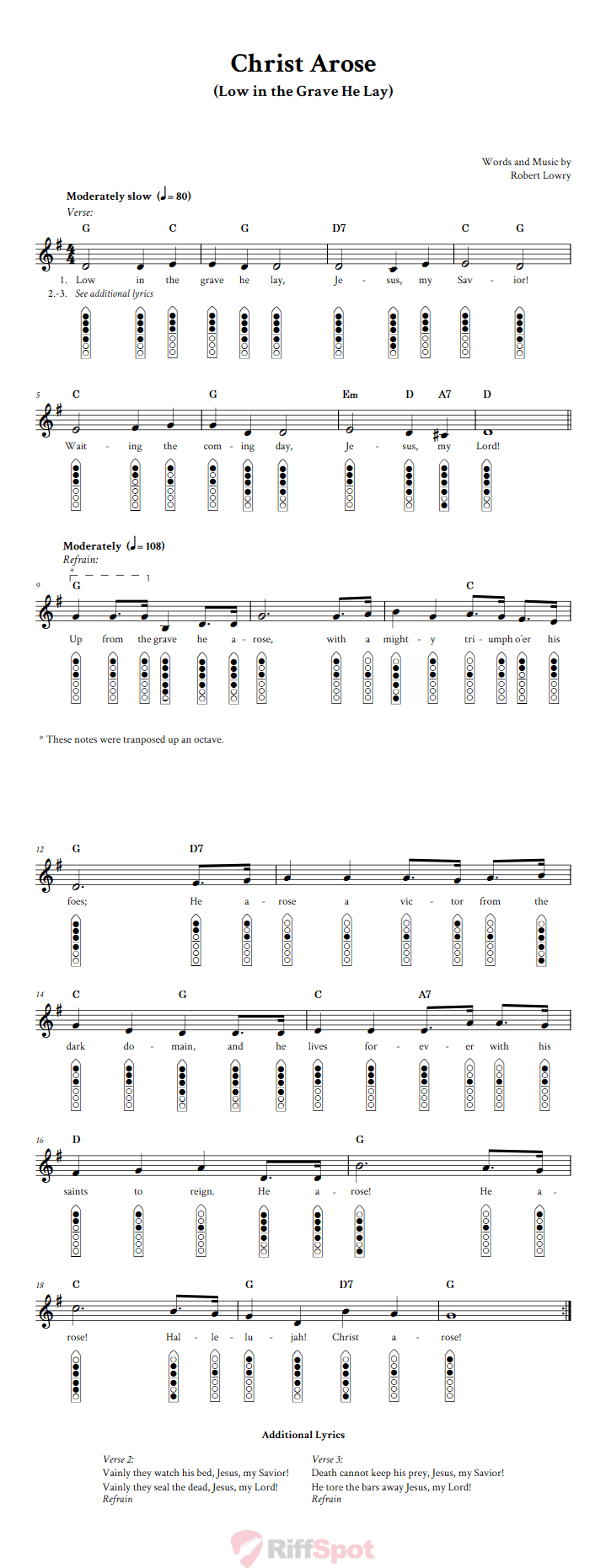 Christ Arose 6-Hole Native American Flute Sheet Music and Tab (Fingering Diagrams)