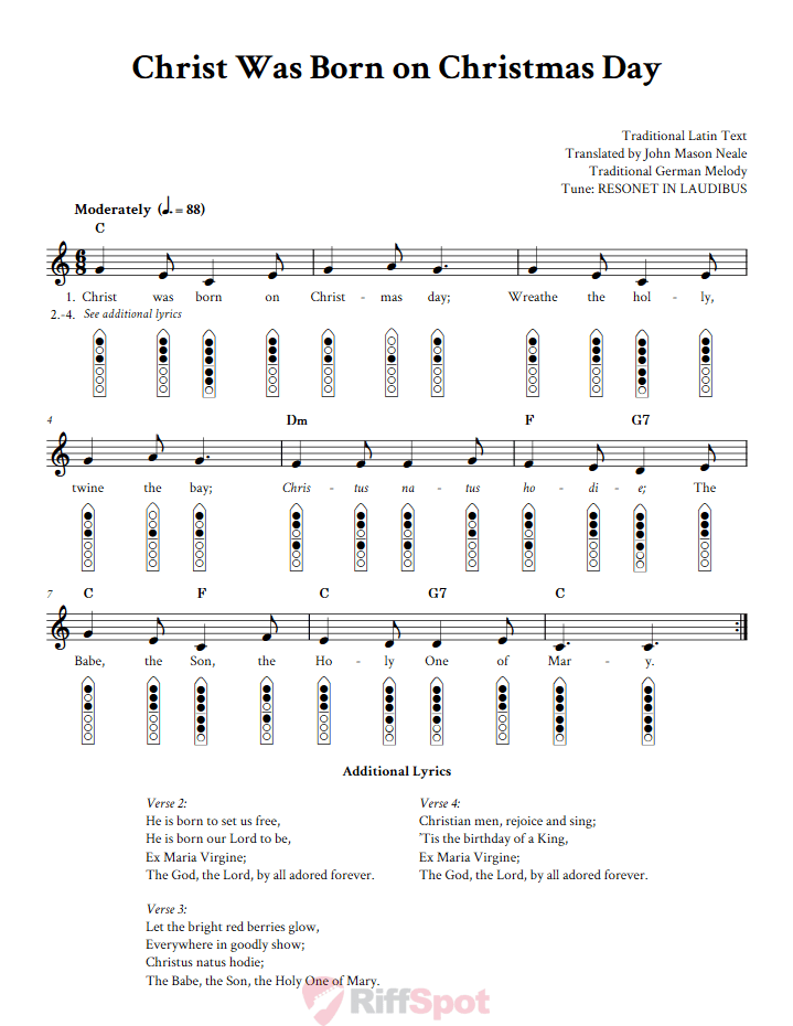 Christ Was Born on Christmas Day 6-Hole Native American Flute Sheet Music and Tab (Fingering Diagrams)