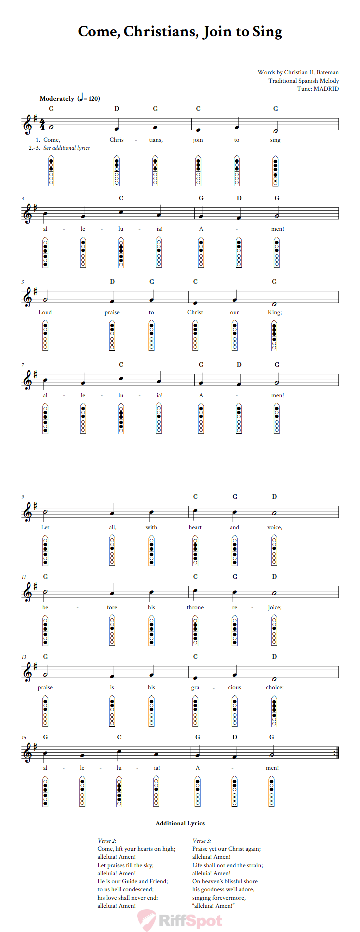 Come, Christians, Join to Sing 6-Hole Native American Flute Sheet Music and Tab (Fingering Diagrams)