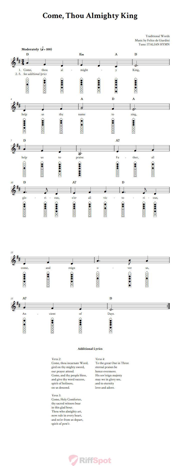 Come, Thou Almighty King 6-Hole Native American Flute Sheet Music and Tab (Fingering Diagrams)