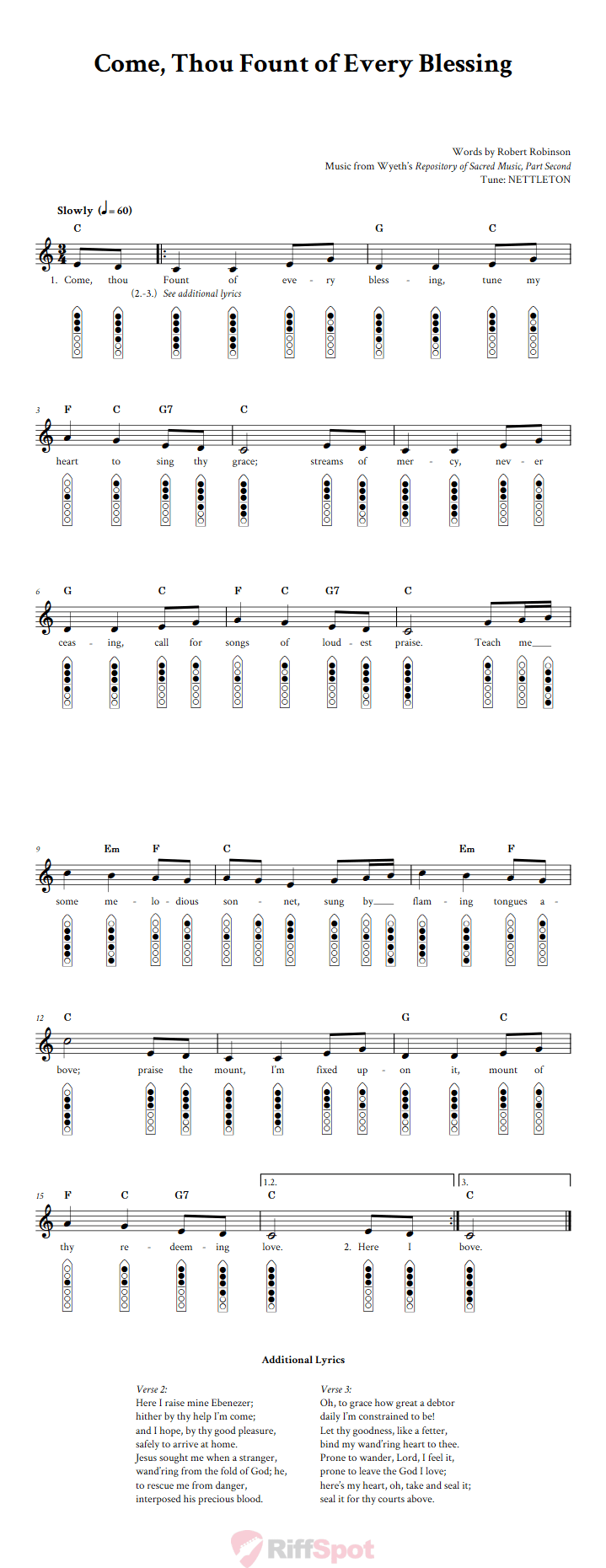 Come Thou Fount of Every Blessing 6-Hole Native American Flute Sheet Music and Tab (Fingering Diagrams)