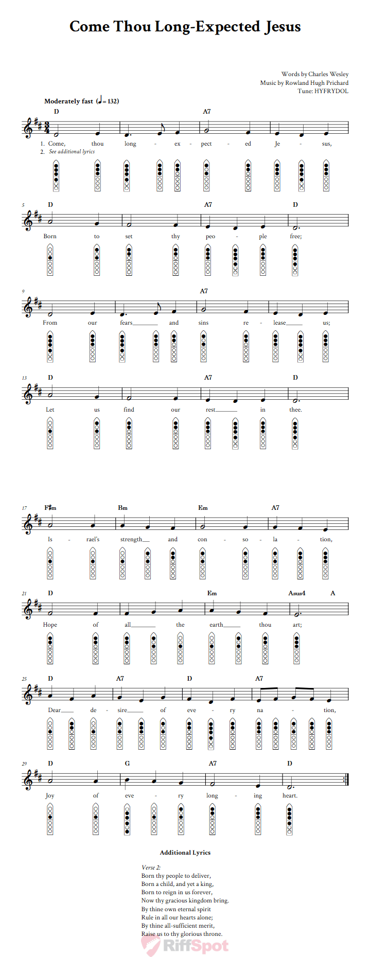 Come Thou Long-Expected Jesus 6-Hole Native American Flute Sheet Music and Tab (Fingering Diagrams)