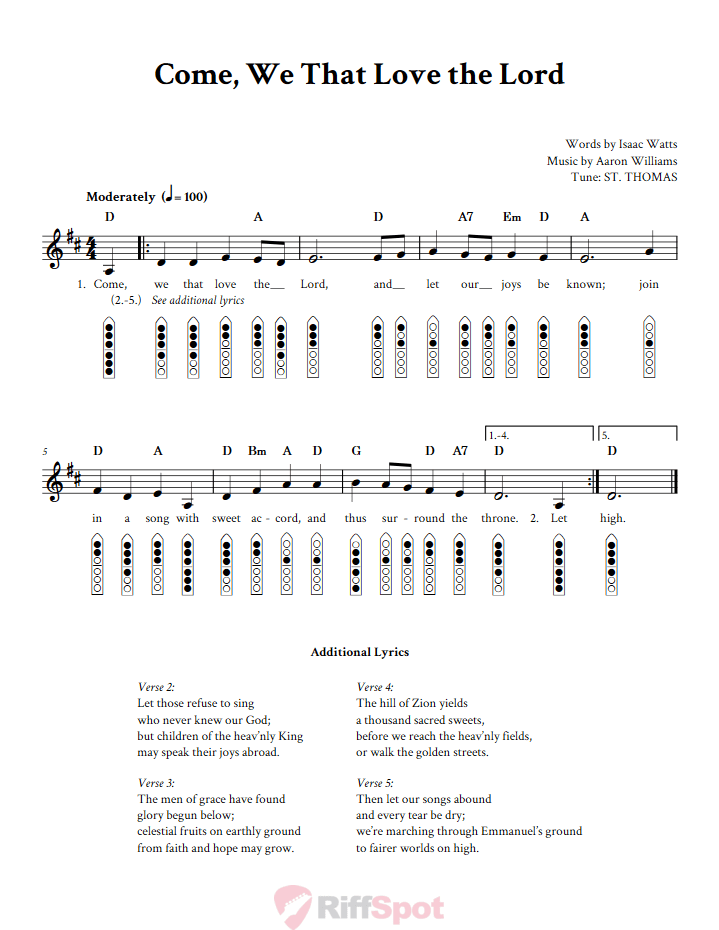 Come, We That Love the Lord 6-Hole Native American Flute Sheet Music and Tab (Fingering Diagrams)