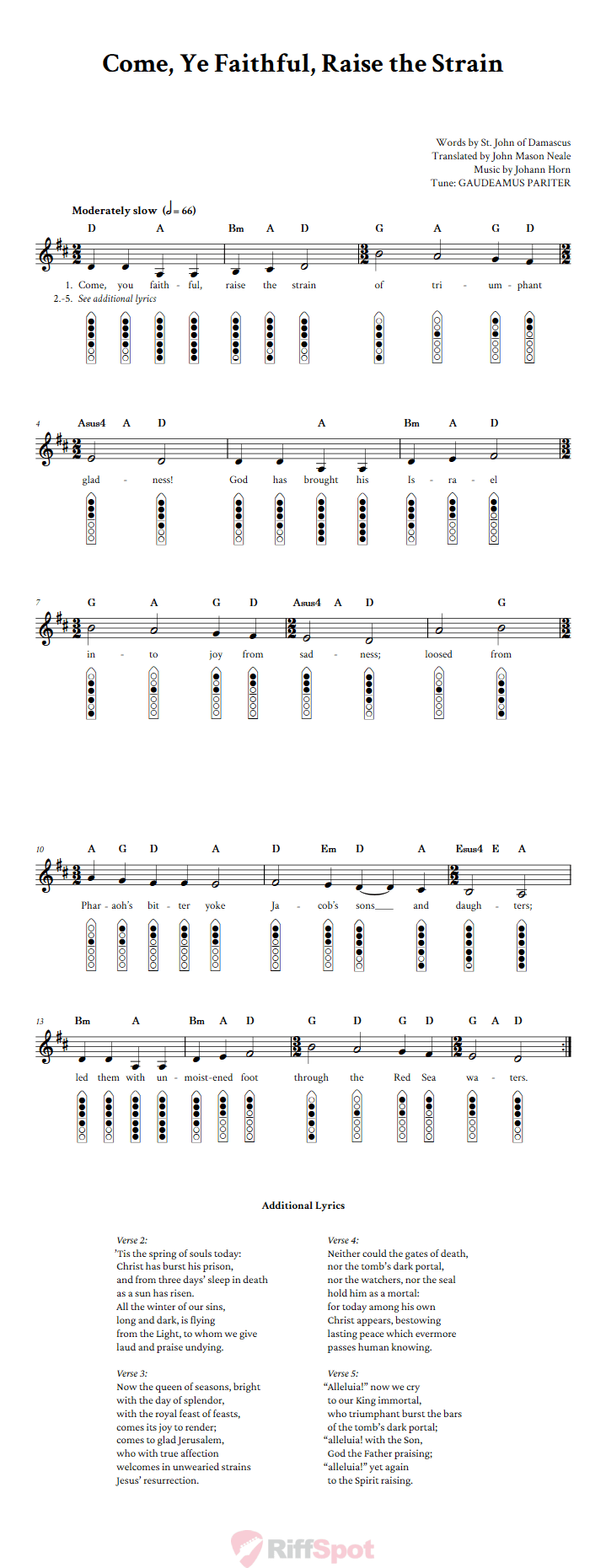 Come, Ye Faithful, Raise the Strain 6-Hole Native American Flute Sheet Music and Tab (Fingering Diagrams)