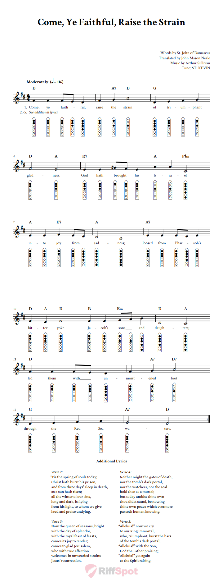 Come, Ye Faithful, Raise the Strain 6-Hole Native American Flute Sheet Music and Tab (Fingering Diagrams)