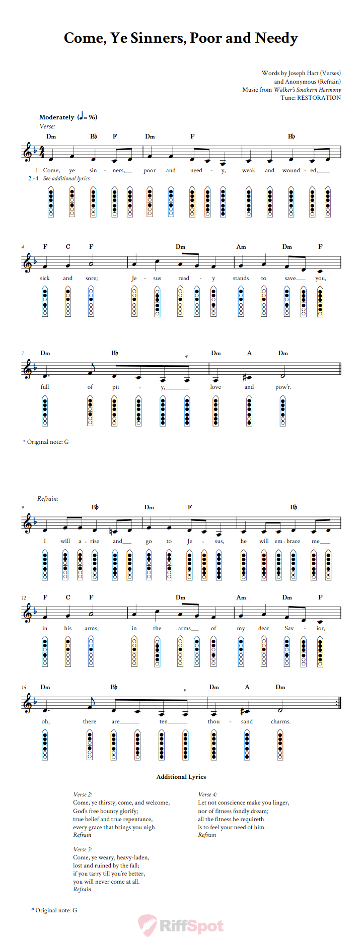 Come, Ye Sinners, Poor and Needy 6-Hole Native American Flute Sheet Music and Tab (Fingering Diagrams)