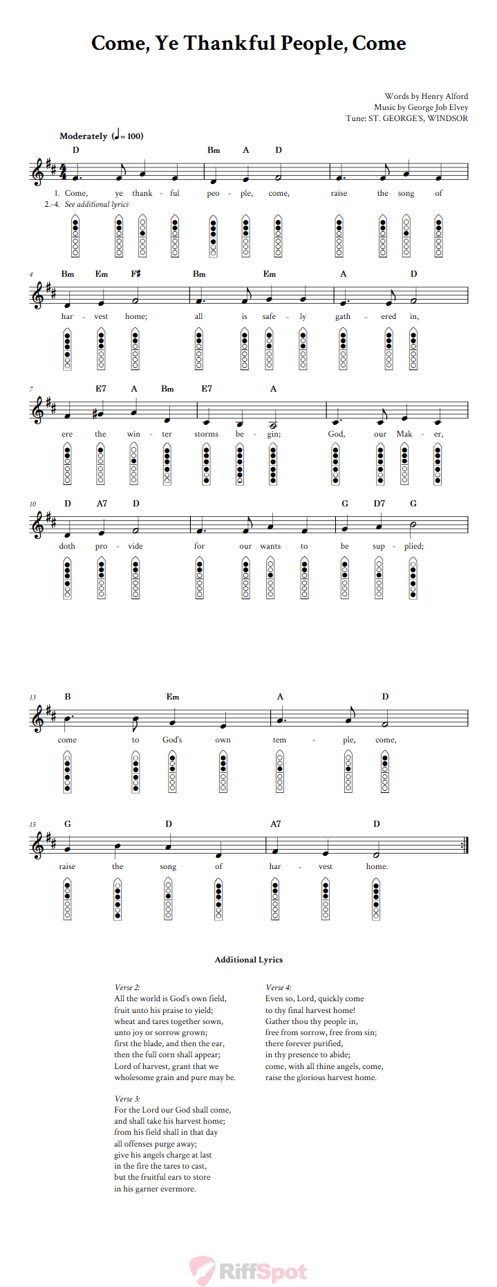 Come, Ye Thankful People, Come 6-Hole Native American Flute Sheet Music and Tab (Fingering Diagrams)
