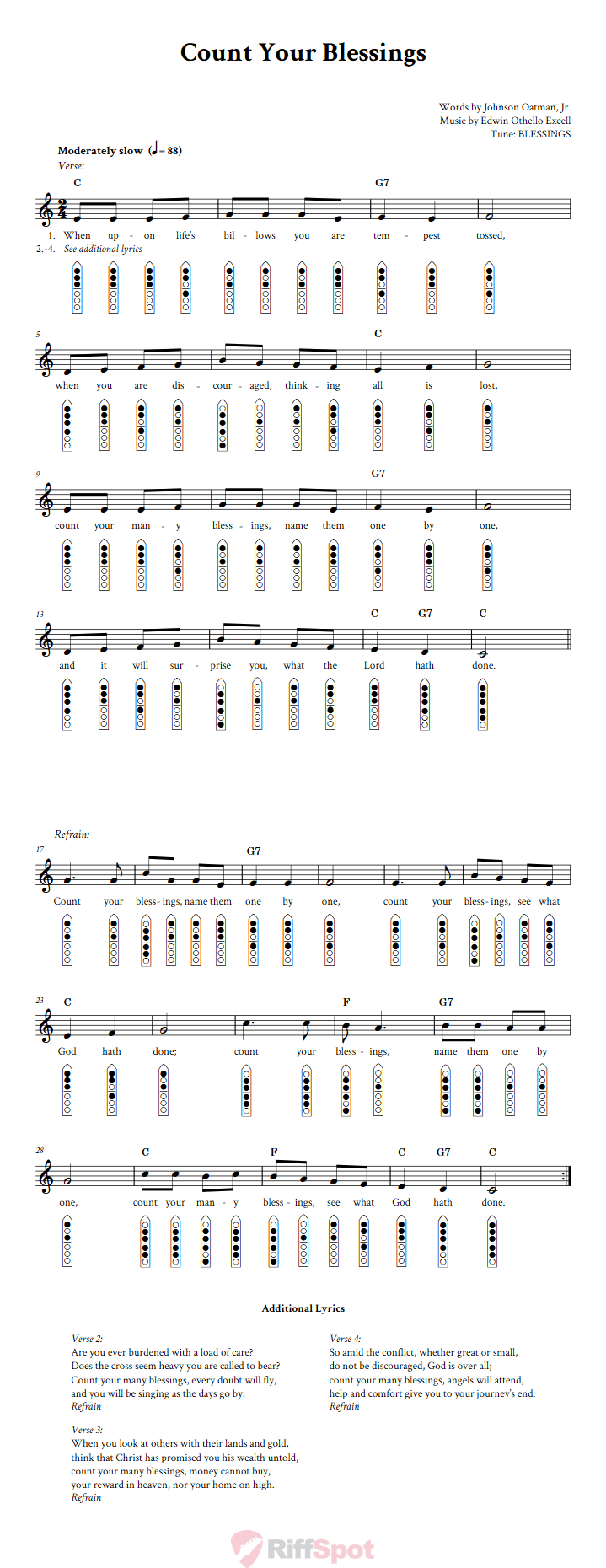 Count Your Blessings 6-Hole Native American Flute Sheet Music and Tab (Fingering Diagrams)