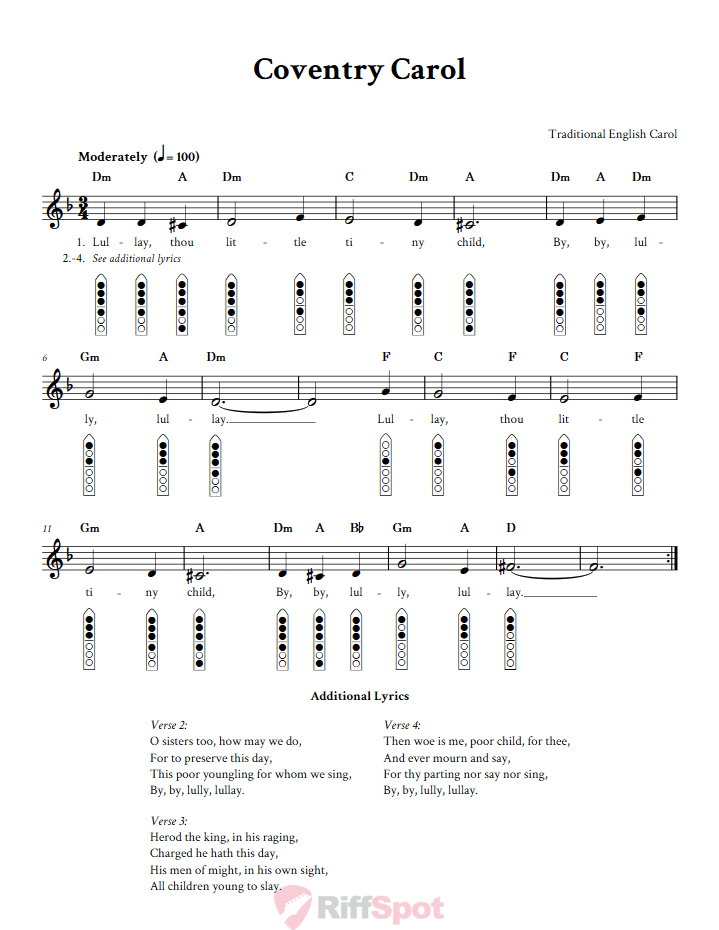 Coventry Carol 6-Hole Native American Flute Sheet Music and Tab (Fingering Diagrams)