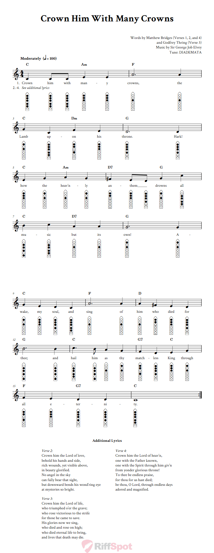 Crown Him with Many Crowns 6-Hole Native American Flute Sheet Music and Tab (Fingering Diagrams)