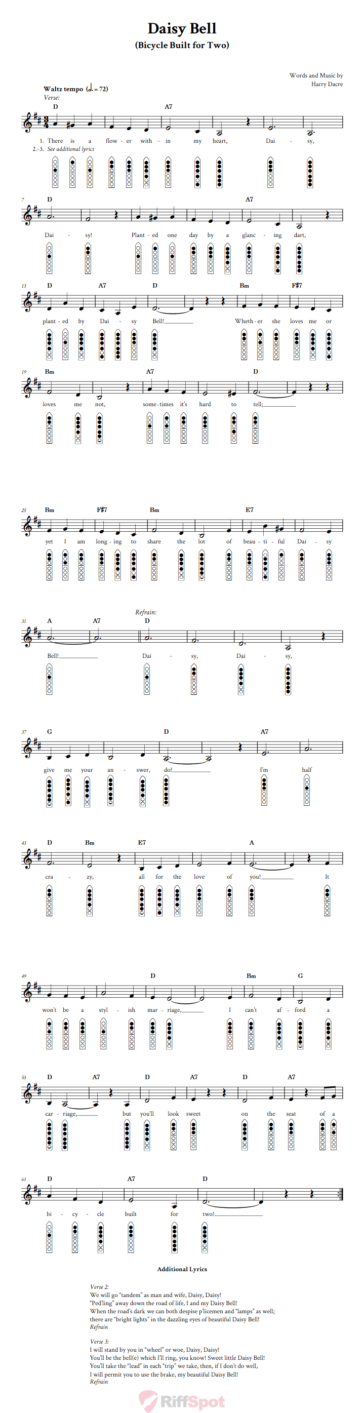 Daisy Bell 6-Hole Native American Flute Sheet Music and Tab (Fingering Diagrams)