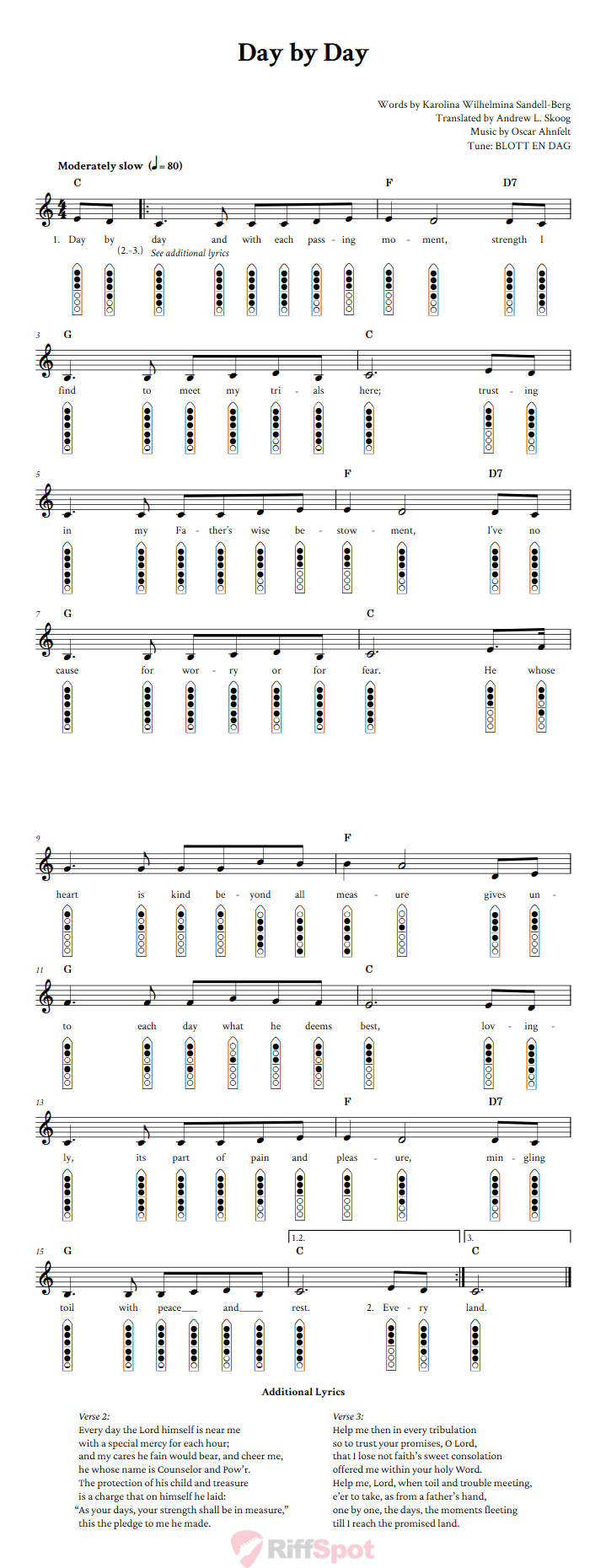 Day By Day 6-Hole Native American Flute Sheet Music and Tab (Fingering Diagrams)