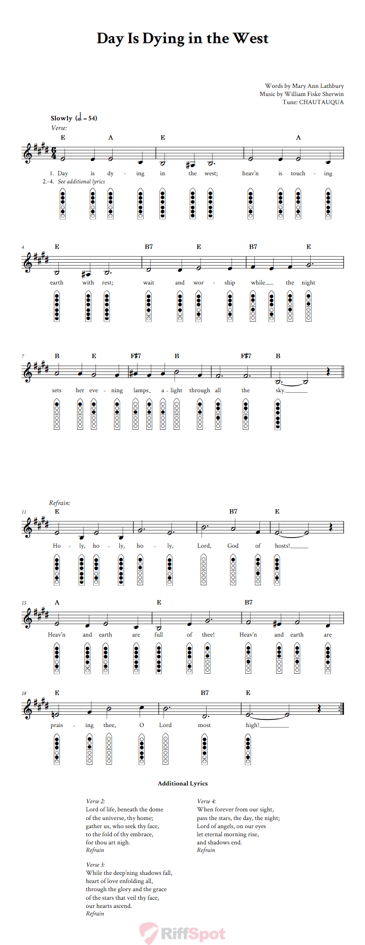 Day Is Dying in the West 6-Hole Native American Flute Sheet Music and Tab (Fingering Diagrams)