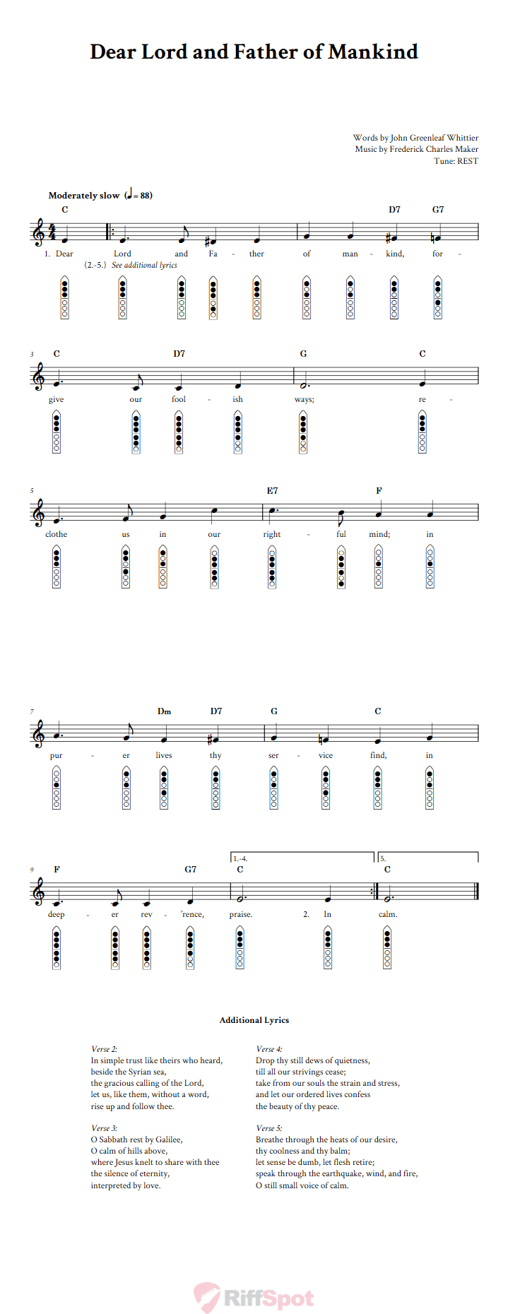 Dear Lord and Father of Mankind 6-Hole Native American Flute Sheet Music and Tab (Fingering Diagrams)