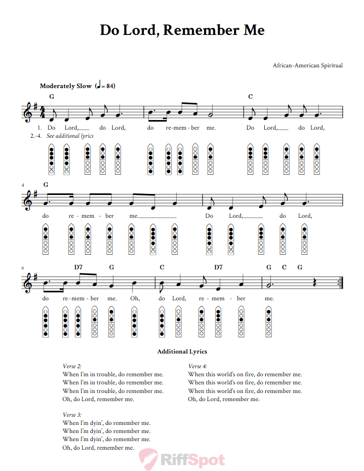 Do Lord, Remember Me 6-Hole Native American Flute Sheet Music and Tab (Fingering Diagrams)