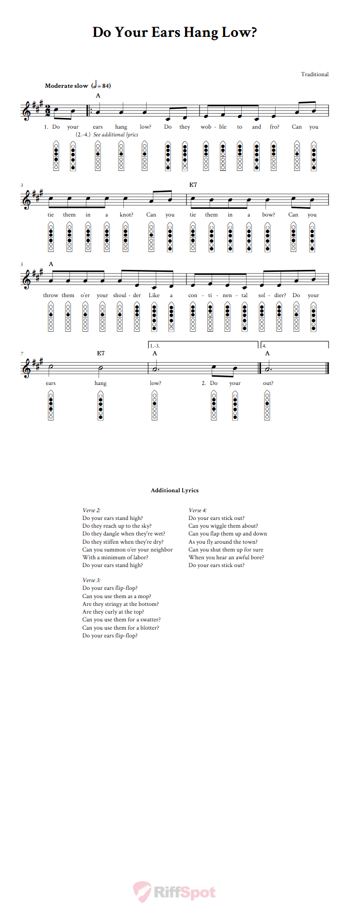 Do Your Ears Hang Low? 6-Hole Native American Flute Sheet Music and Tab (Fingering Diagrams)