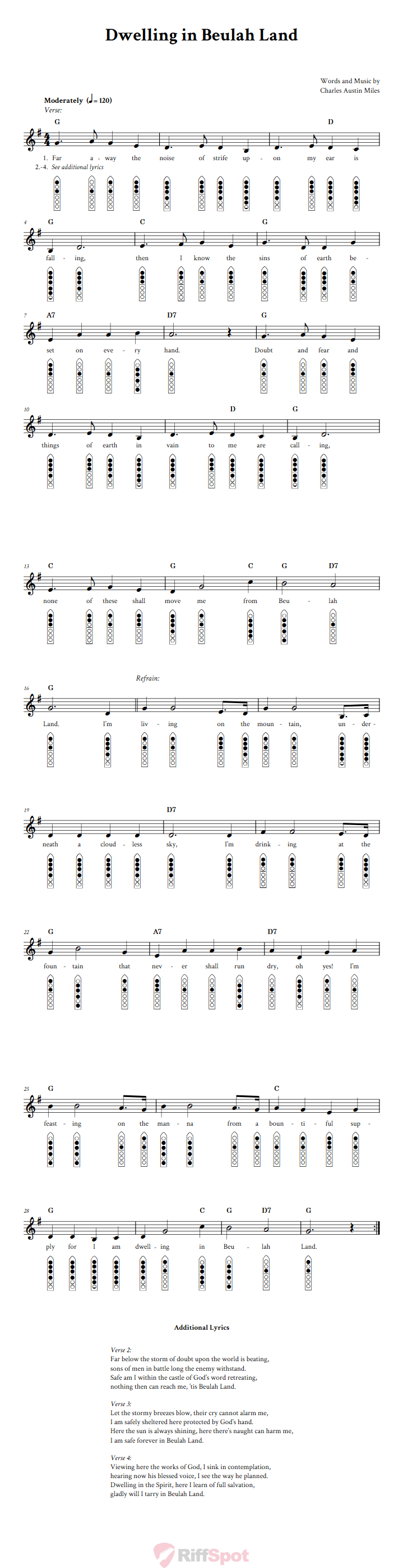 Dwelling in Beulah Land 6-Hole Native American Flute Sheet Music and Tab (Fingering Diagrams)