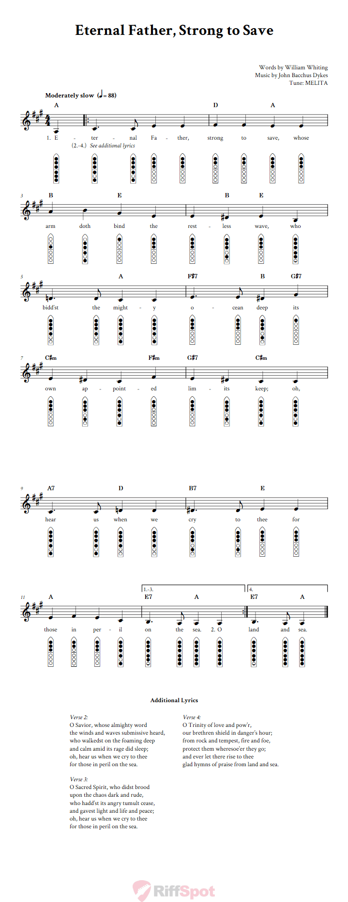 Eternal Father, Strong to Save 6-Hole Native American Flute Sheet Music and Tab (Fingering Diagrams)