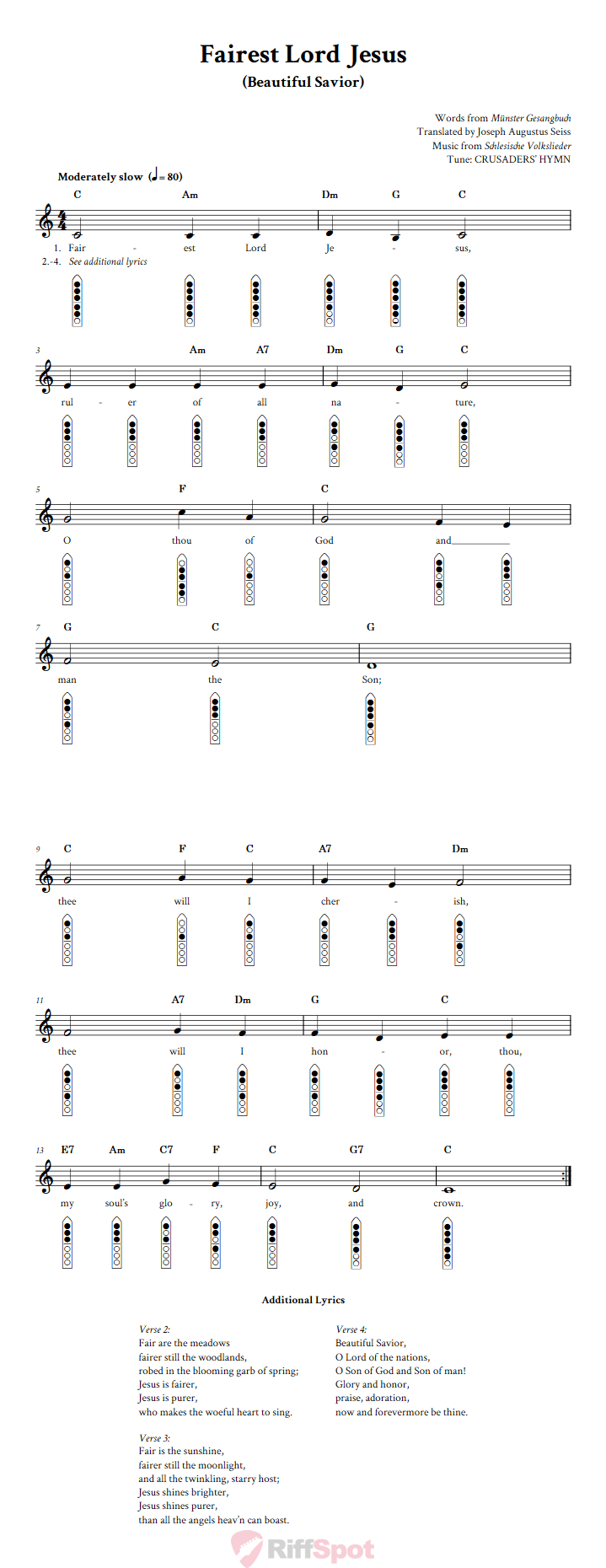 Fairest Lord Jesus 6-Hole Native American Flute Sheet Music and Tab (Fingering Diagrams)
