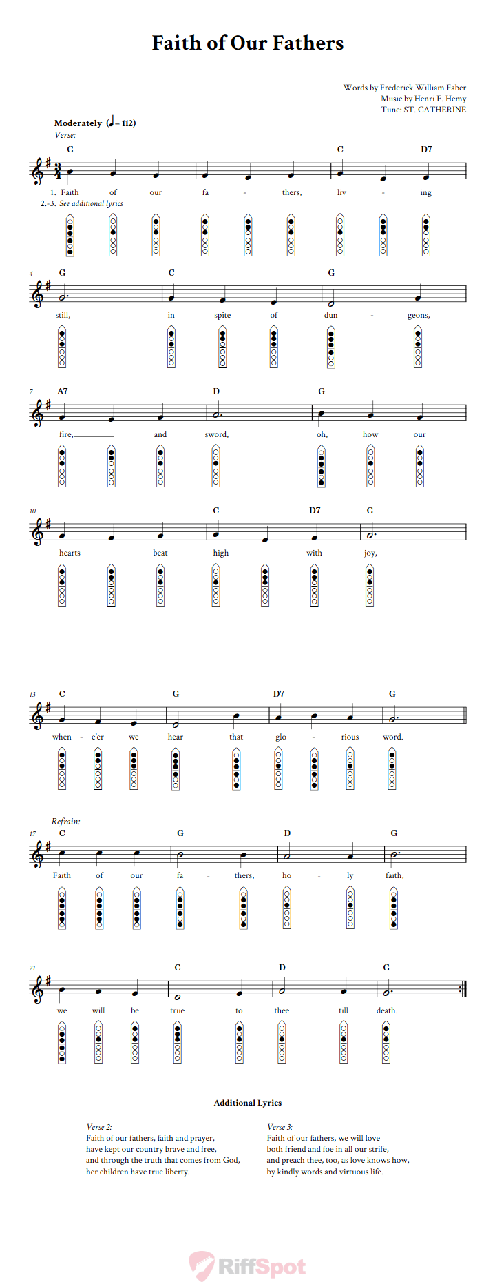 Faith of Our Fathers 6-Hole Native American Flute Sheet Music and Tab (Fingering Diagrams)