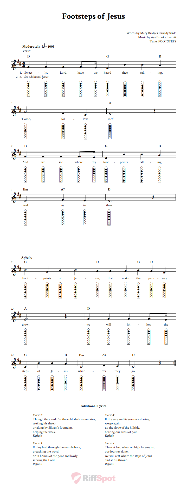 Footsteps of Jesus 6-Hole Native American Flute Sheet Music and Tab (Fingering Diagrams)